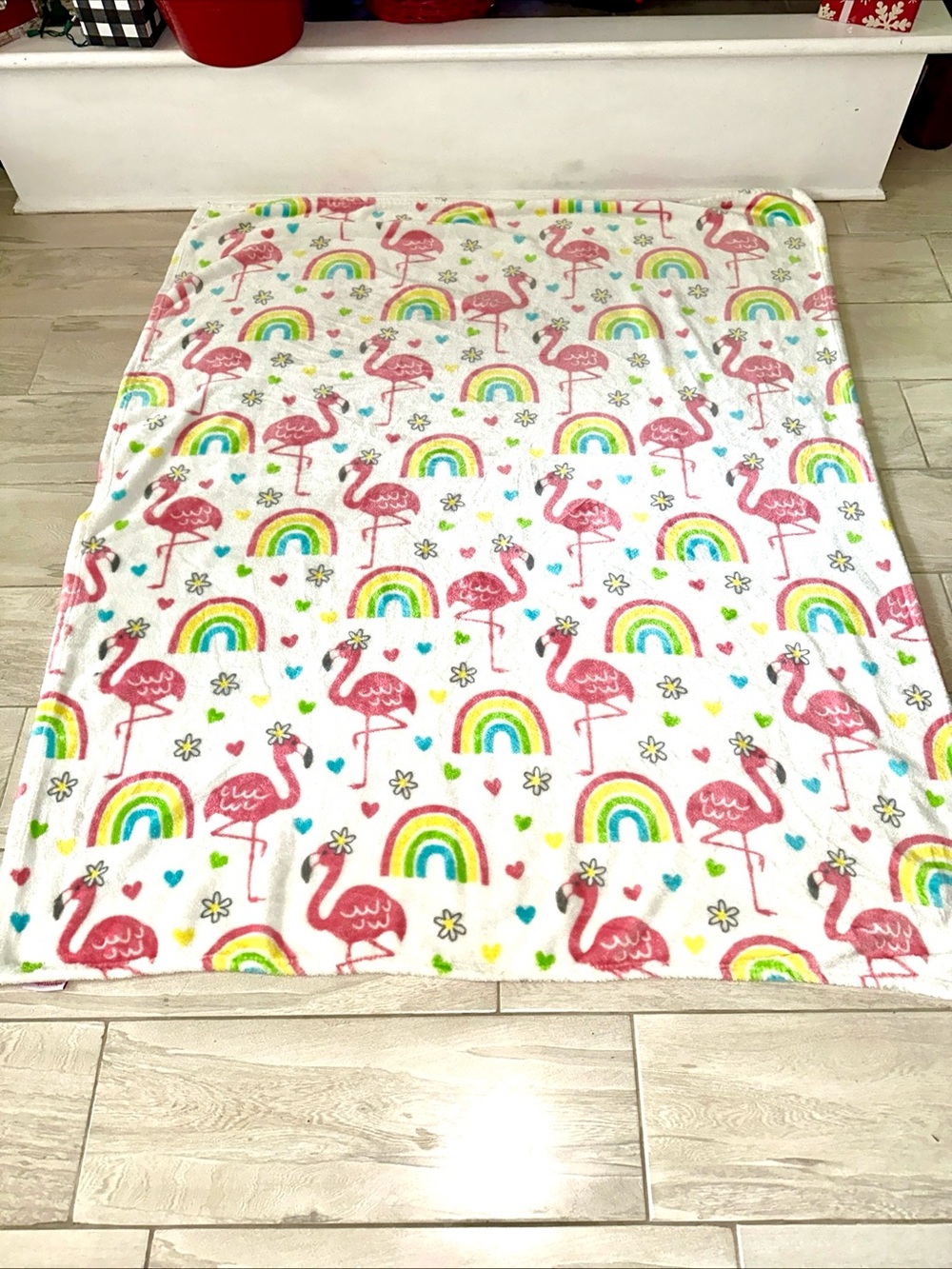 Pink Flamingo & Rainbow Plush Throw Blanket by Catherine Malandrino 48x 60